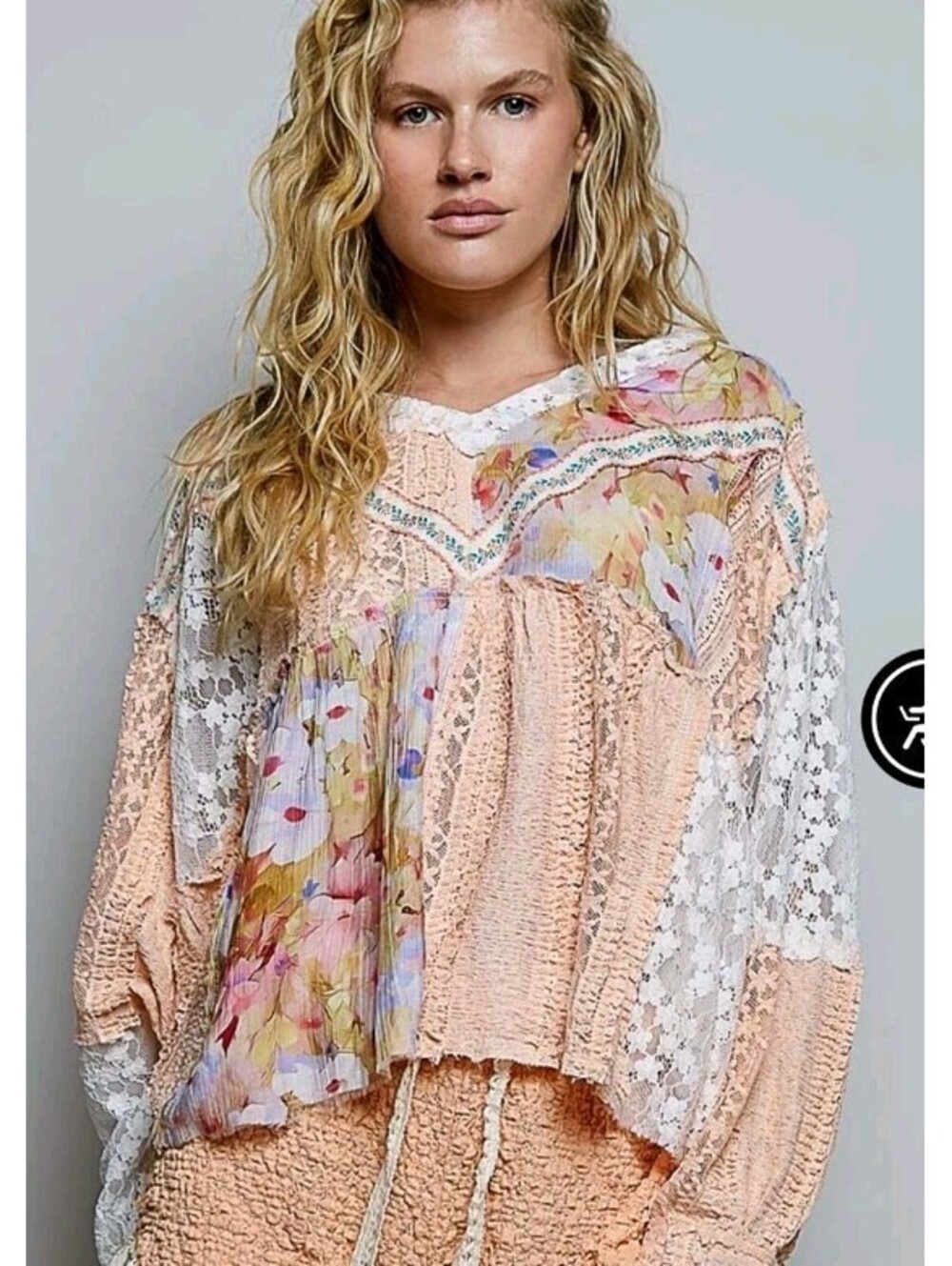POL Apricot Peach Flowers Ruffle Top Lace Floral Sweater Sweatshirt Boho Sz S